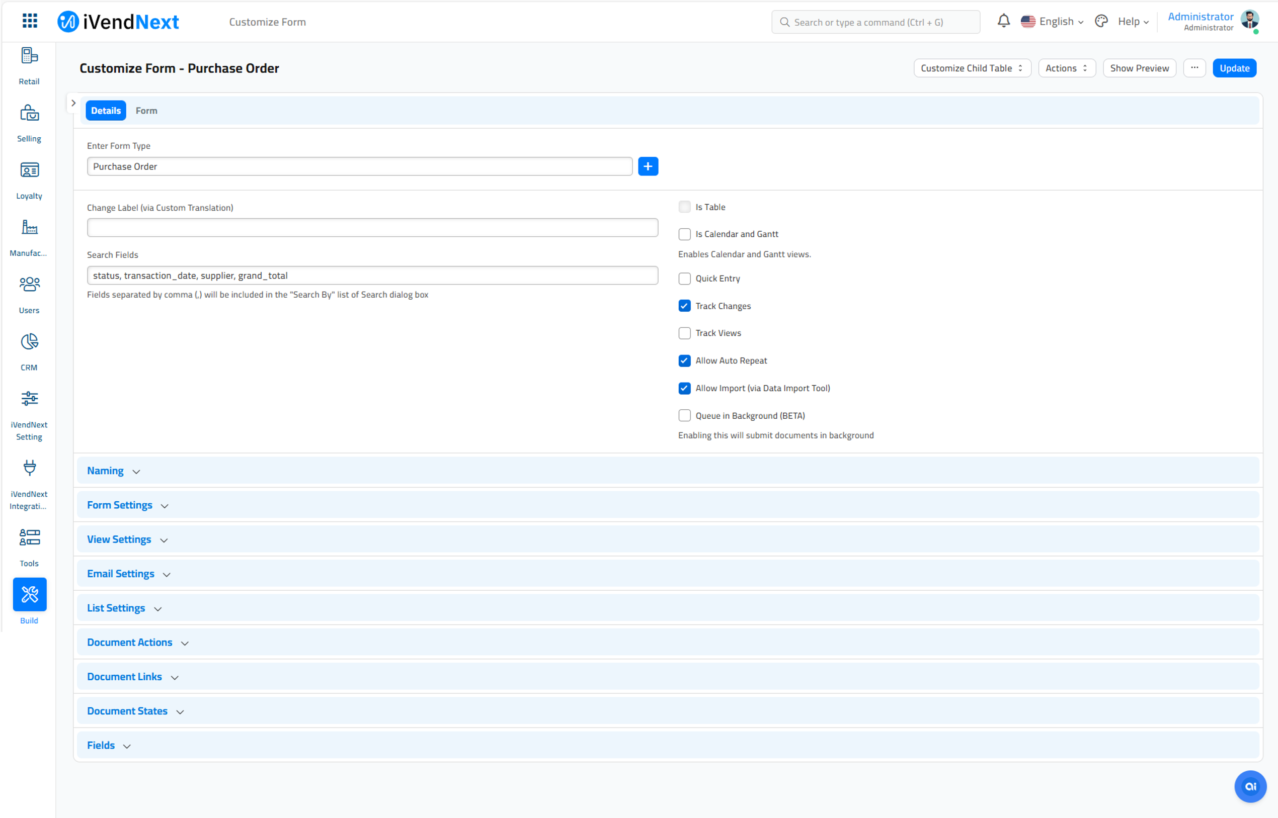 Customize Form - Purchase Order - Track Changes